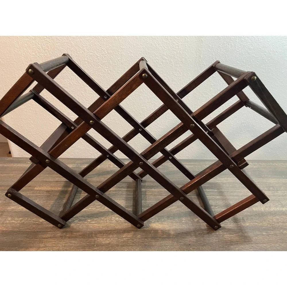 Vintage Wood Accordion Wine Rack 10 Bottle Collapsible Folding Countertop Brown